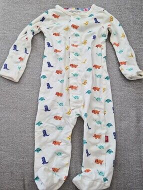 Magnetic Me White Footie One-Piece with Multicolor Dinosaur Print